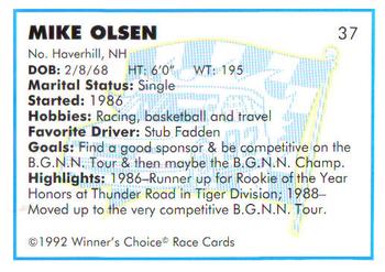 1992 Winner's Choice Busch #37 Mike Olsen Back