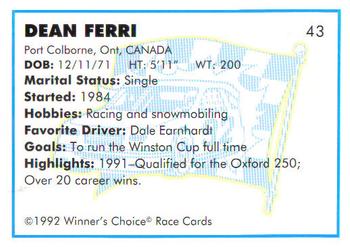 1992 Winner's Choice Busch #43 Dean Ferri Back