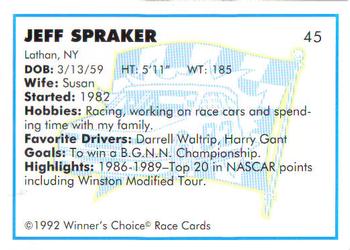 1992 Winner's Choice Busch #45 Jeff Spraker Back