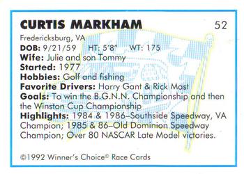 1992 Winner's Choice Busch #52 Curtis Markham Back