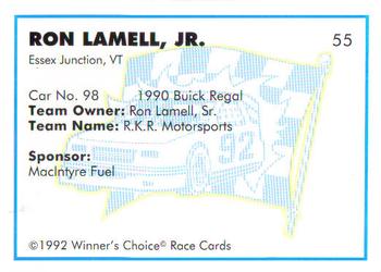 1992 Winner's Choice Busch #55 Ron Lamell's Car Back