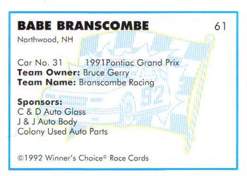 1992 Winner's Choice Busch #61 Babe Branscombe's Car Back