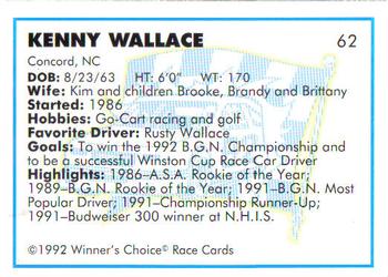 1992 Winner's Choice Busch #62 Kenny Wallace Back
