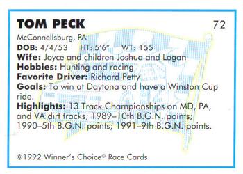 1992 Winner's Choice Busch #72 Tom Peck Back