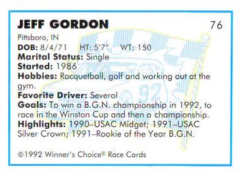 1992 Winner's Choice Busch #76 Jeff Gordon Back