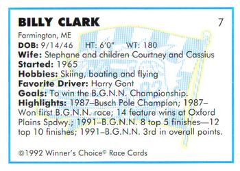 1992 Winner's Choice Busch #7 Billy Clark Back