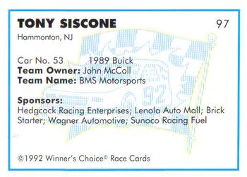 1992 Winner's Choice Busch #97 Tony Siscone's Car Back
