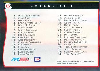 1992 All World Indy #13 Checklist 1 Back