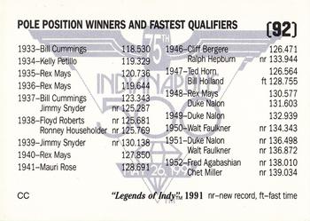 1991 Collegiate Collection Legends of Indy #92 Pole Position Winners and Fastest Qualifiers 1911-1952 Back