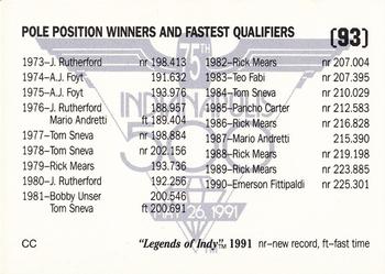 1991 Collegiate Collection Legends of Indy #93 Pole Position Winners and Fastest Qualifiers 1953-1990 Back