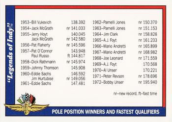 1991 Collegiate Collection Legends of Indy #93 Pole Position Winners and Fastest Qualifiers 1953-1990 Front