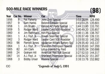 1991 Collegiate Collection Legends of Indy #98 500-mile Race Winners 1939-1968 Back