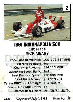 1992 Collegiate Collection Legends of Indy #2 Rick Mears Back