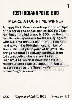 1992 Collegiate Collection Legends of Indy #1 Mears: A Four-Time Winner Back