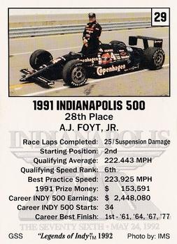 1992 Collegiate Collection Legends of Indy #29 A.J. Foyt, Jr. Back