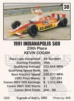 1992 Collegiate Collection Legends of Indy #30 Kevin Cogan Back