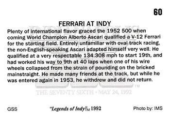 1992 Collegiate Collection Legends of Indy #60 Ferrari At Indy Back