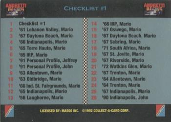 1992 Collect-a-Card Andretti Family Racing #1 Checklist #1 Front