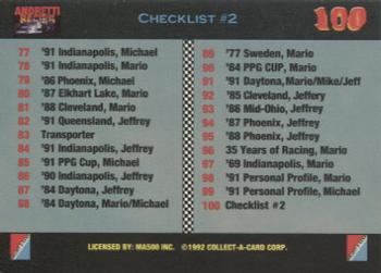 1992 Collect-a-Card Andretti Family Racing #100 Checklist #2 Back