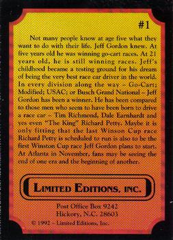1992 Limited Editions Jeff Gordon #1 Cover Card Back