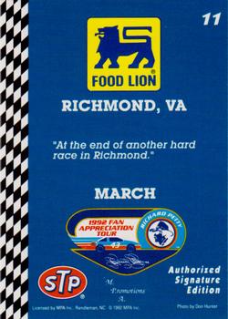 1992 Food Lion Richard Petty #11 Richard Petty Back