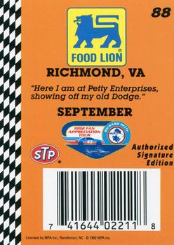 1992 Food Lion Richard Petty #88 Richard Petty Back