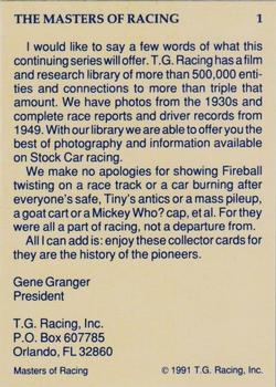 1991-92 TG Racing Masters of Racing Update #1 Cover Card Back