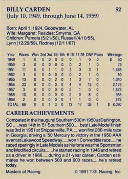 1991-92 TG Racing Masters of Racing Update #52 Billy Carden Back