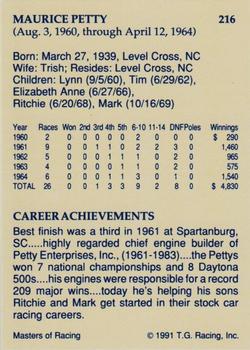 1991-92 TG Racing Masters of Racing Update #216 Maurice Petty Back