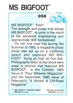 1988 Leesley Bigfoot #058 Ms. Bigfoot Back