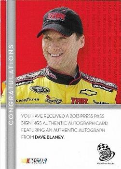 2013 Press Pass - Press Pass Signings Silver #NNO Dave Blaney Back