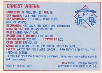 1989 Checkered Flag IHRA #92 Ernest Wrenn Back