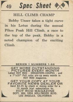 1965 Donruss Spec Sheet #49 Hill Climb Champ Back