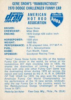 1971 Fleer AHRA Drag Champs #NNO Gene Snow's Car Back