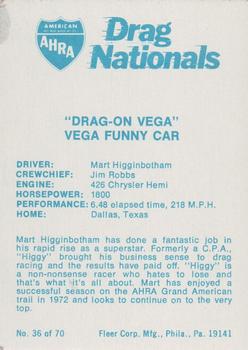 1972 Fleer AHRA Drag Nationals #36 Mart Higginbotham Back