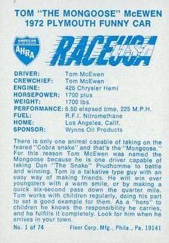 1973 Fleer AHRA Race USA #1 Tom McEwen Back