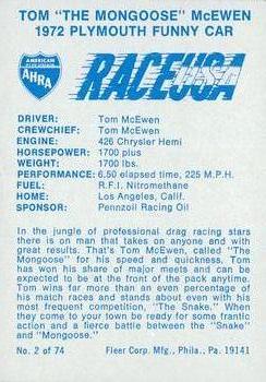1973 Fleer AHRA Race USA #2 Tom McEwen Back