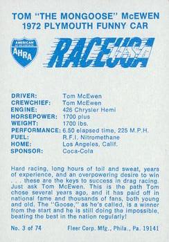 1973 Fleer AHRA Race USA #3 Tom McEwen Back