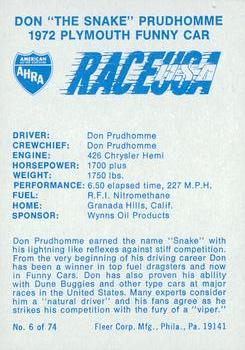 1973 Fleer AHRA Race USA #6 Don Prudhomme Back