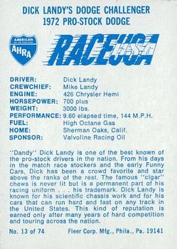 1973 Fleer AHRA Race USA #13 Dick Landy Back
