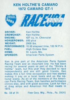 1973 Fleer AHRA Race USA #18 Ken Holthe Back