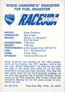 1973 Fleer AHRA Race USA #26 Steve Carbone Back