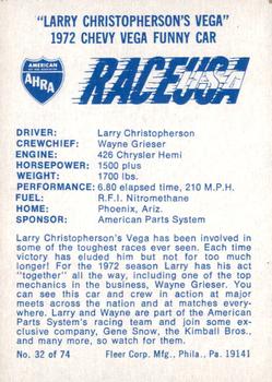 1973 Fleer AHRA Race USA #32 Larry Christopherson Back