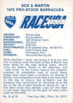 1973 Fleer AHRA Race USA #35 Ronnie Sox / Buddy Martin Back