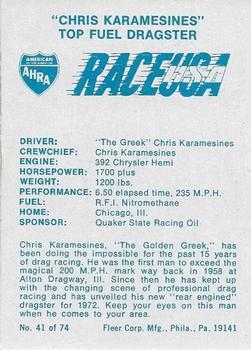 1973 Fleer AHRA Race USA #41 Chris Karamesines Back