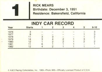 1983 A & S Racing Indy #1 Rick Mears Back