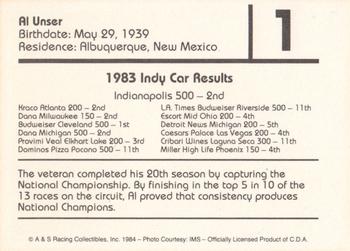 1984 A & S Racing Indy #1 Al Unser Back