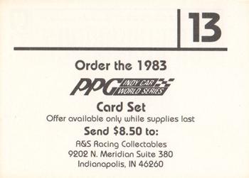1984 A & S Racing Indy #13 Checklist Back