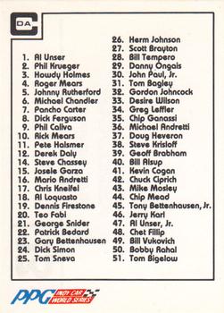 1984 A & S Racing Indy #13 Checklist Front
