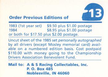 1985 A & S Racing Indy #13 Checklist Back